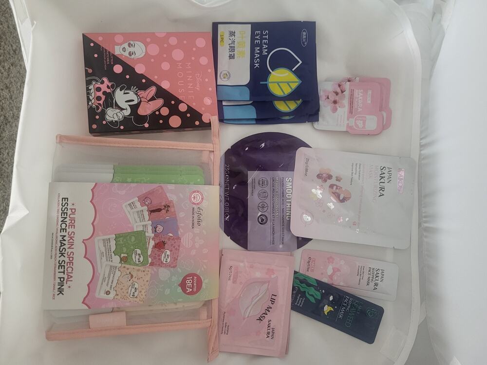 Esfolio 18 Sheets Korean Face Mask, Steam Eye Mask, Disney Eye Mask, Lip Mask.